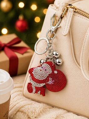 Christmas Santa Clause rhinestone bling keychain handbag charm purse New